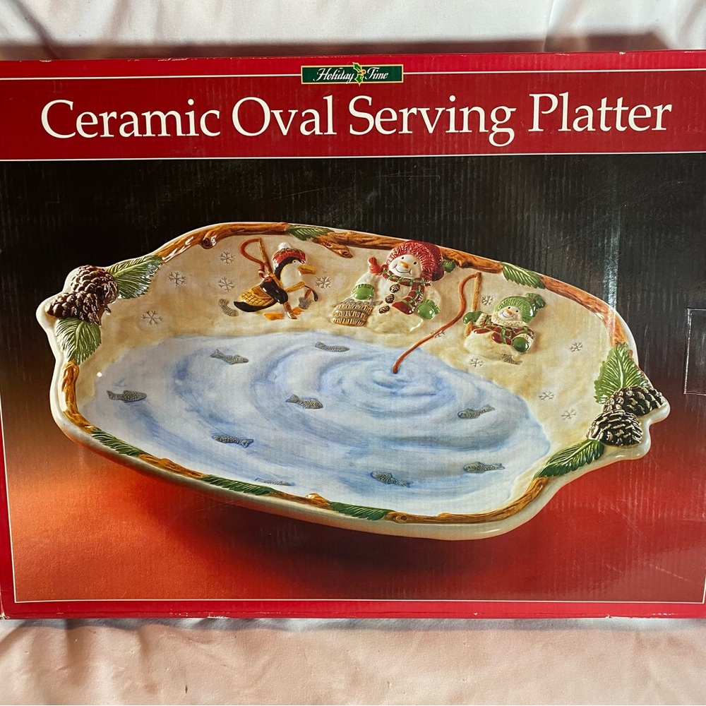 Vintage NOS Holiday Time 17" Christmas Platter Snowman Penguin